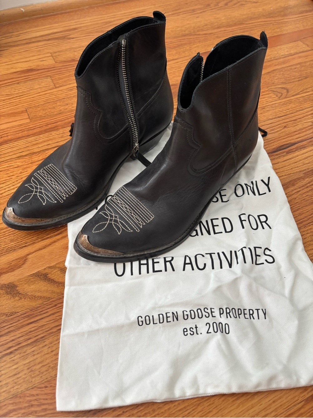Golden Goose Black Leather Western Zip Ankle Booties with Embroidered Toe